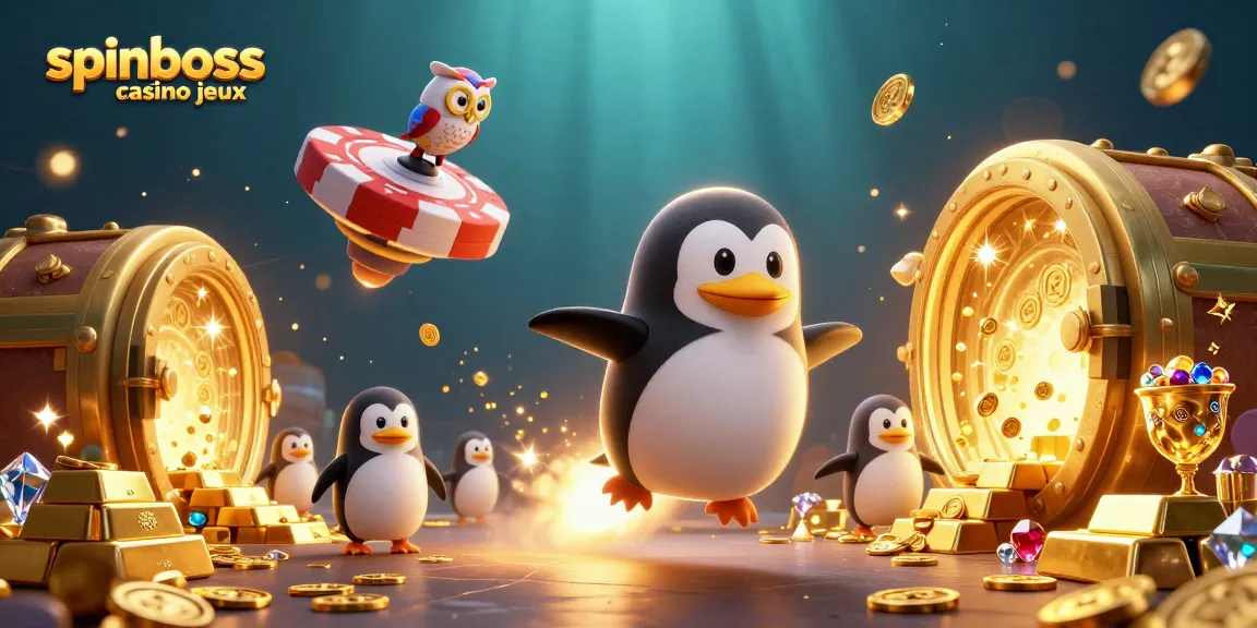 Profitez des jeux spinboss casino avec un manchot doré et des richesses scintillantes.