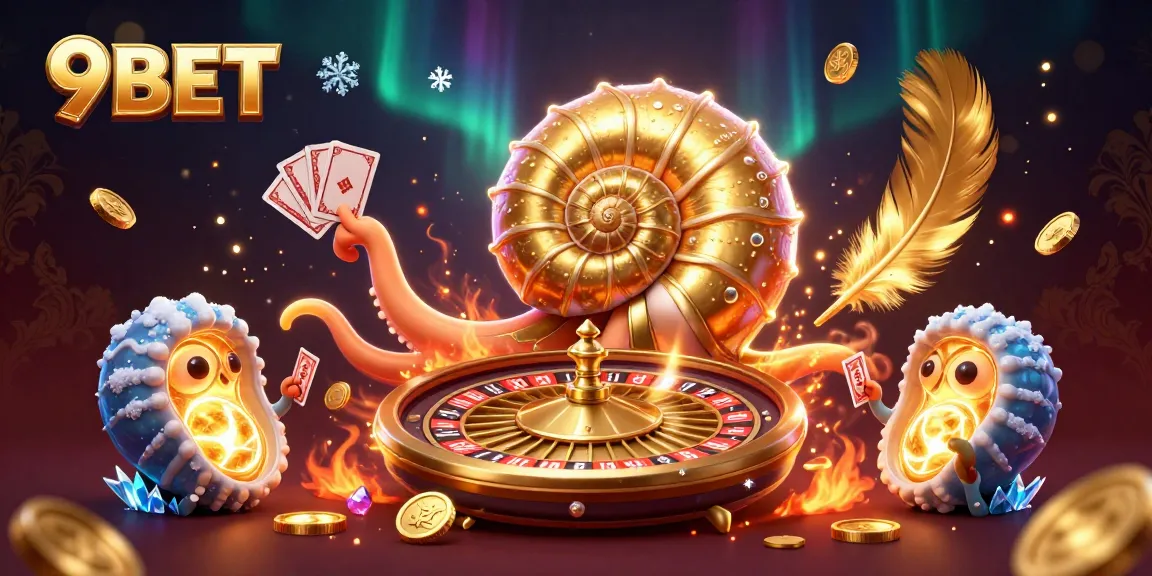 Engage with 9BET's thrilling gaming atmosphere featuring an ancient nautilus roulette and glowing cards.