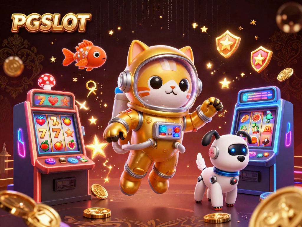 Experience the thrilling adventures of PG SLOT with a golden cat astronaut and robot dog amidst vibrant slot machines.