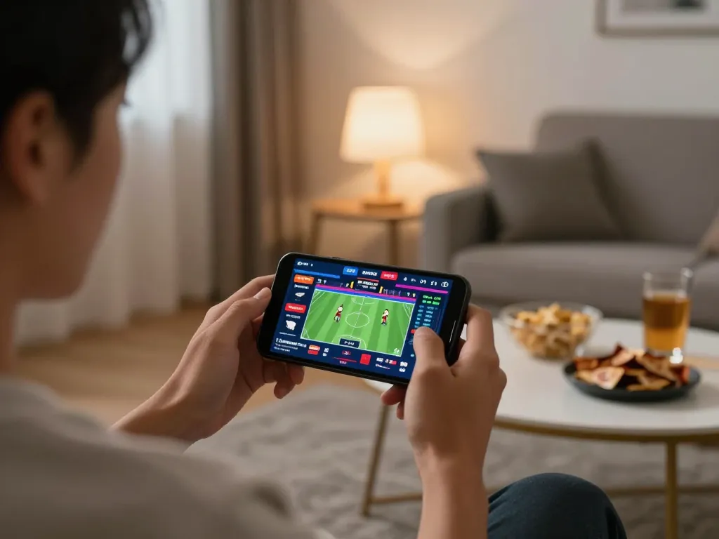 Engage in sports betting via smartphone at home using ทางเข้า m100, showcasing a cozy and stylish gaming setup.