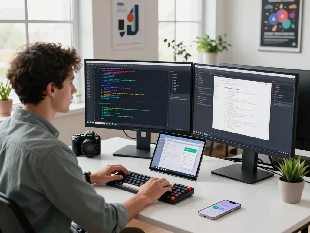 Developer using clawdbot personal AI assistant in a bright tech workspace with code on dual monitors