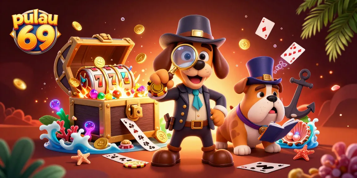 Experience the thrilling world of pulau 69 as a detective examines poker chips amid vibrant casino game elements.