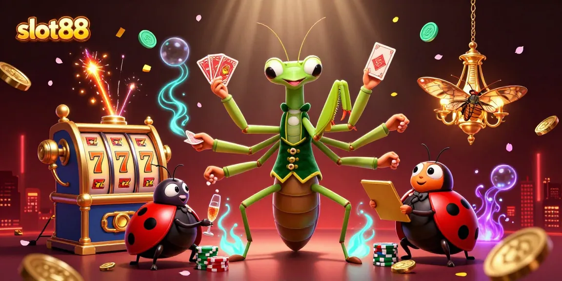 Engage with slot88 excitement as a giant praying mantis card sharp dazzles in a vibrant casino scene.