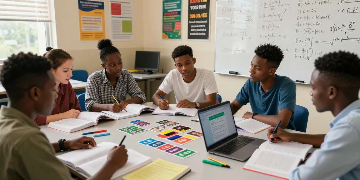 Students studying together for 2026 WAEC runz exams, engaging with textbooks and laptops in a collaborative learning environment.