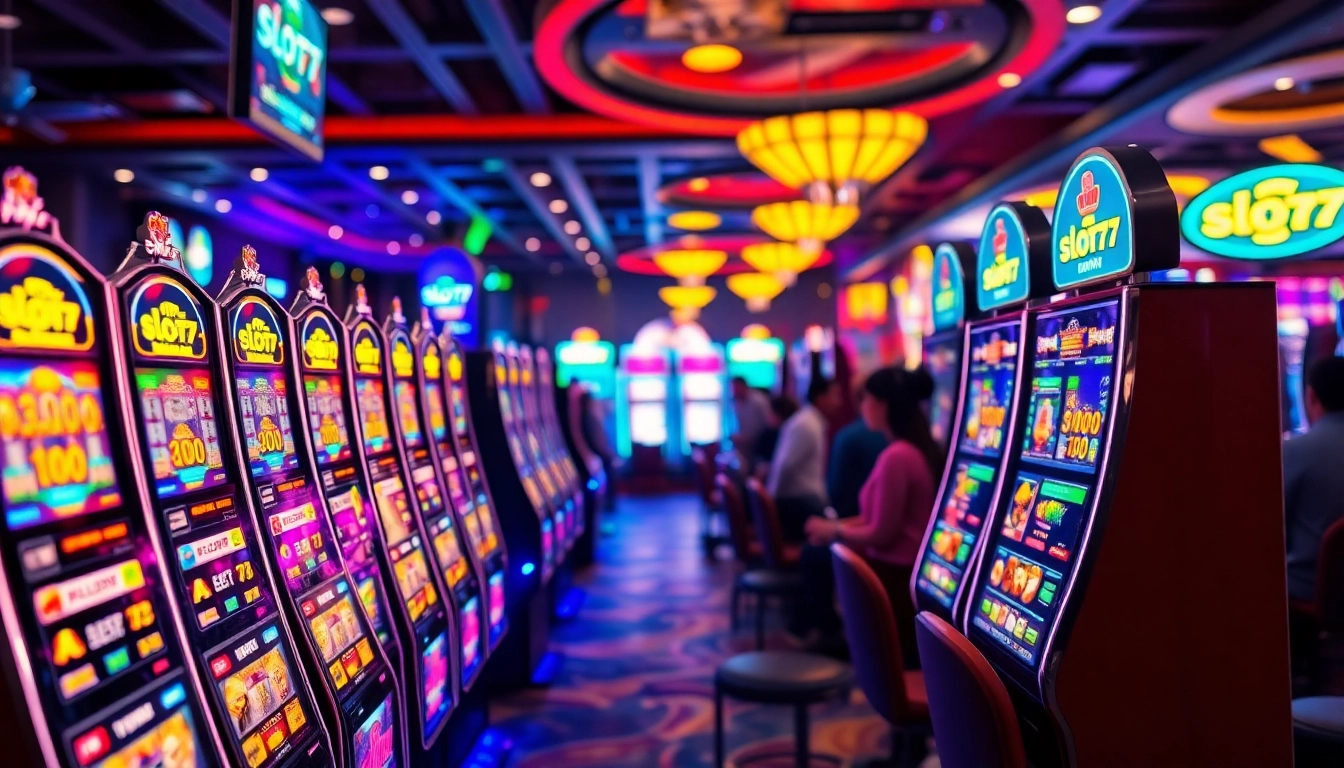 Menampilkan permainan Slot77 yang ramai di kasino, dengan suasana tidur dan slot mesin.