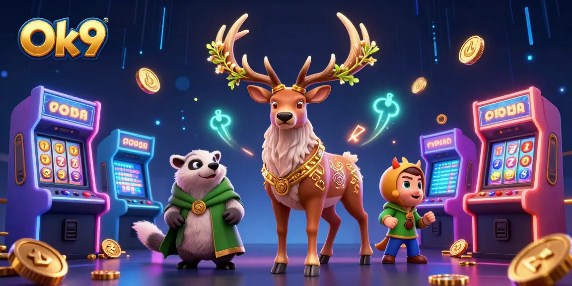 Play exciting games at Ok9 with vibrant casino-themed 3D characters and slot machines.
