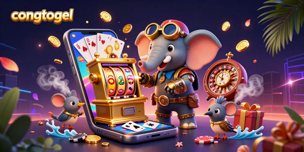 Engage with congtogel through vibrant slots as a steampunk elephant operates retro machines.