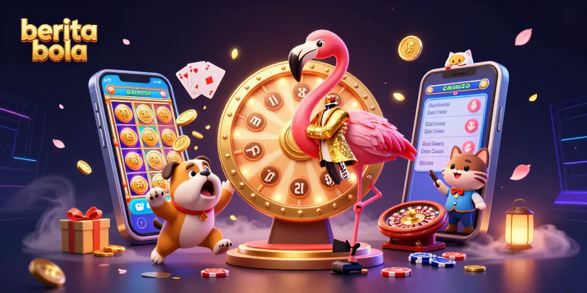 Excited bulldog celebrates spinning the golden prize wheel in a vibrant berita bola-themed illustration.