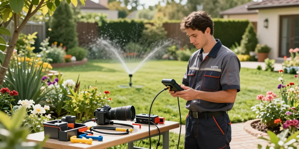 Professional Irrigation Services in Fort Worth, TX technician inspecting a vibrant garden's drip irrigation system.