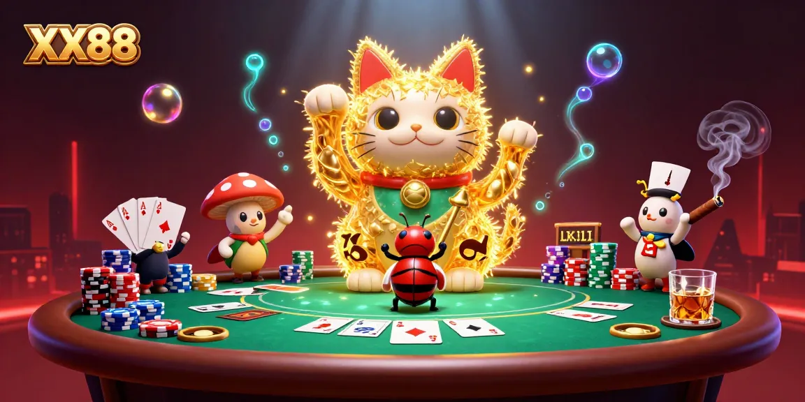 Experience the vibrant energy of XX88's lucky cat casino scene, featuring poker elements and dynamic 3D design.