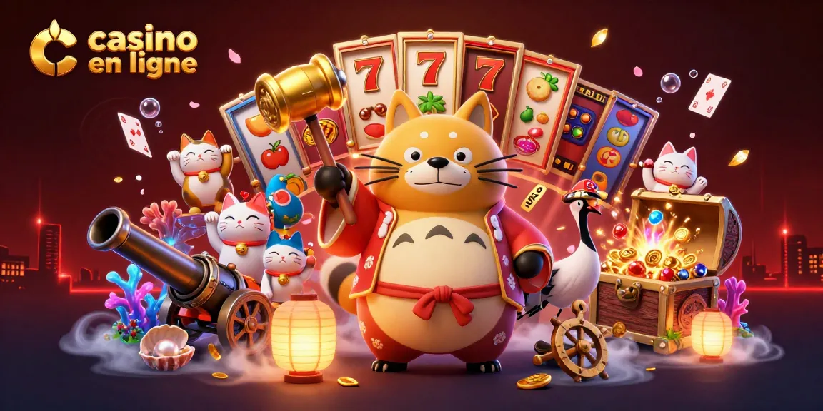 Illustration animée de casino en ligne avec un tanuki chanceux et des chats fortune.