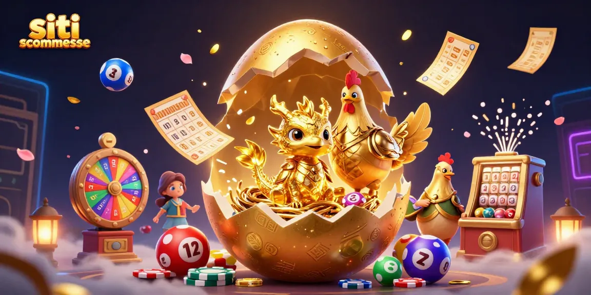 Gioca nei migliori siti scommesse con un drago dorato e palle lotteria colorate in un'illustrazione vibrante.