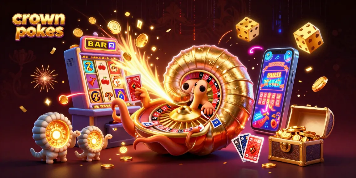 Experience thrilling crown pokies with an ancient giant nautilus spinning cards and coins in a vibrant casino scene.