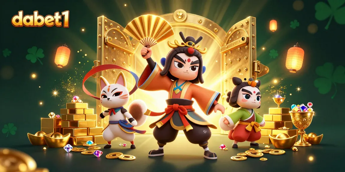 Experience the thrill of dabet1 with a vibrant 3D illustration of casino treasures and characters.
