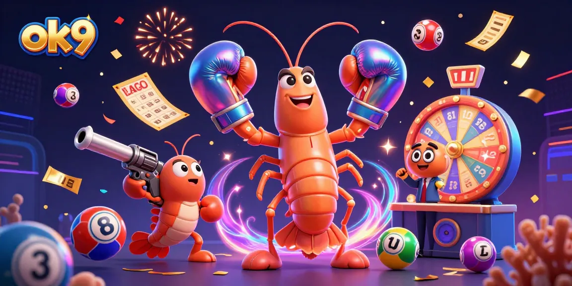 Engage with ok9 for exciting wins in a colorful lottery-themed 3D scene featuring vibrant gambling elements.