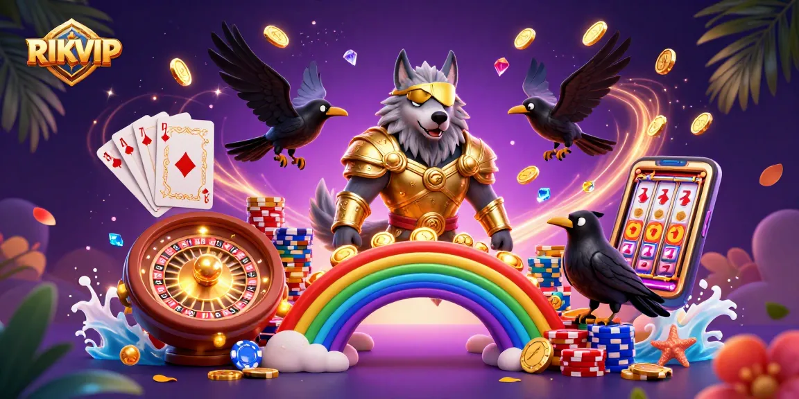 Experience RIKVIP with this vibrant 3D casino illustration featuring dynamic characters and game elements