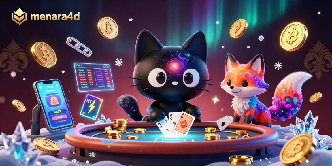 Menara4D menghadirkan ilustrasi kasino 3D yang menarik dengan kucing dan rubah galaksi menarik chip emas.