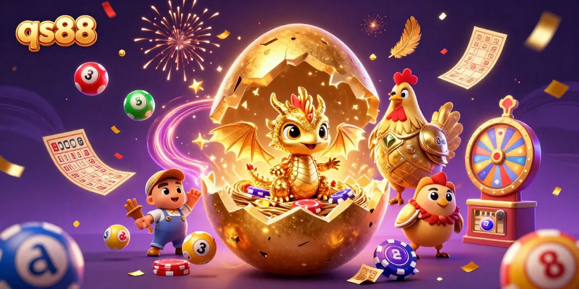 Engage with qs88 casino excitement featuring a golden egg, dragon, and dynamic gaming elements.