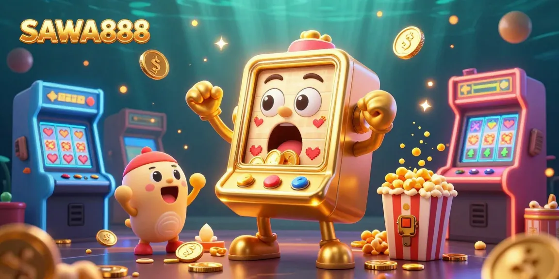 Experience the excitement of SAWA888 with a golden slot machine celebrating its jackpot amidst colorful gaming elements.