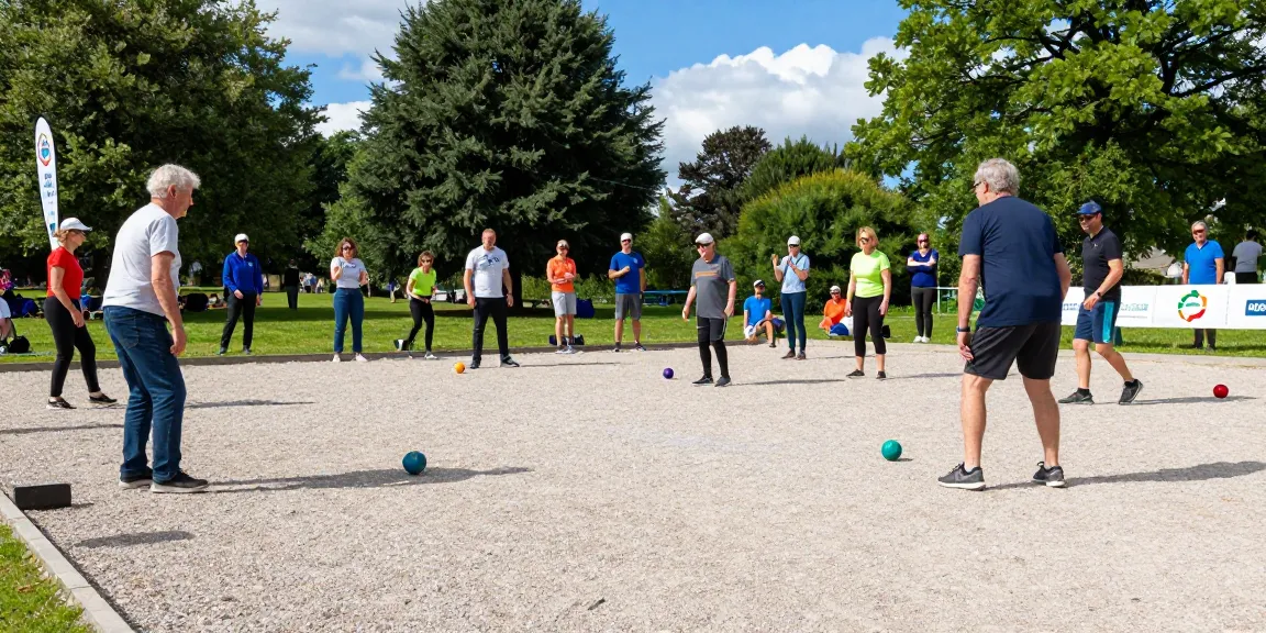 Kompetisi petanque di fopikotamakassar.org, pemain beragam usia dan latar belakang, suasana ceria di taman.