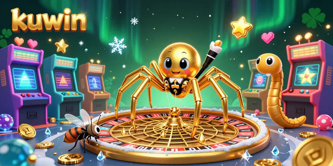 Kuwin’s golden spider spins a roulette web while a fly places bets in this vibrant casino scene