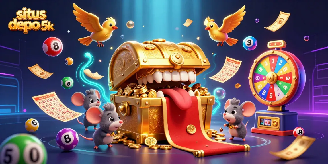 Engage in thrilling gameplay at situs depo 5k with colorful lottery balls and a dynamic treasure scene.