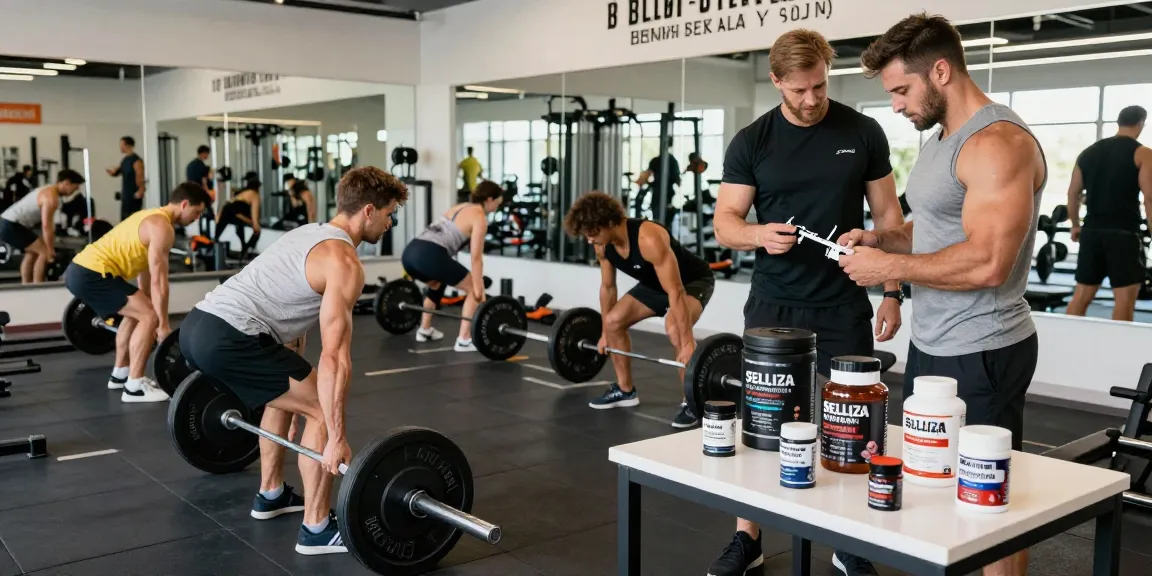Aktive Bodybuilder im Selliza Shop Fitnessstudio mit Steroidprodukten
