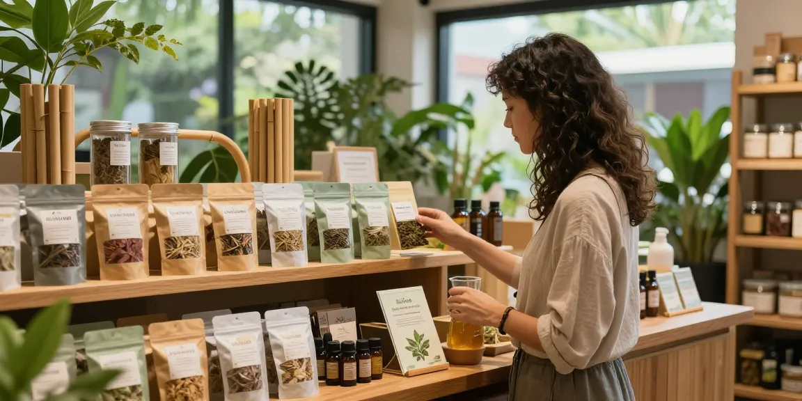 Kratom products displayed in a wellness store, highlighting various strains and eco-friendly packaging.