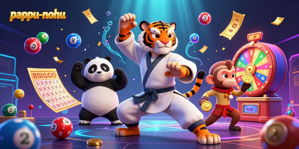 Pappu-nohu game illustration with kung fu tiger, panda disciple, and monkey student enjoying vibrant lottery elements.
