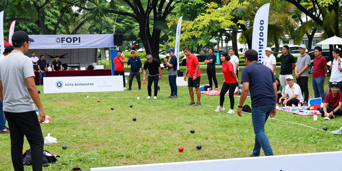Turnamen petanque FOPI Kota Balikpapan di taman cerah, pemain beragam usia bersaing dengan semangat dalam suasana komunitas yang hidup.