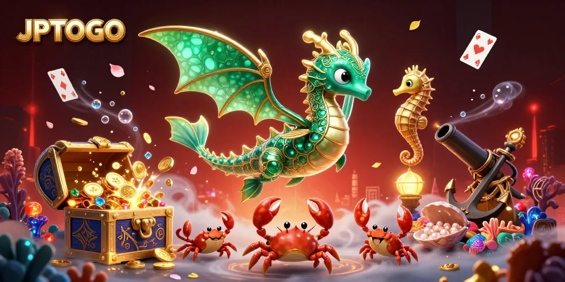JPTOTO menghadirkan ilustrasi kasino 3D penuh warna dengan naga laut dan harta karun yang dinamis.