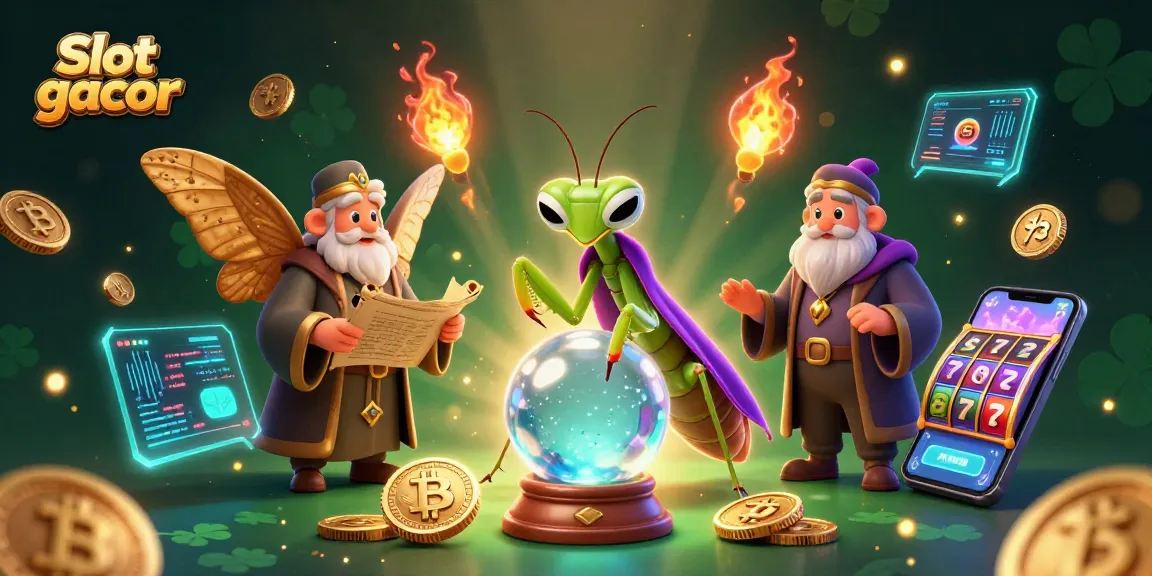 Engage with vibrant Slot gacor visuals featuring fortune teller and moth librarian amidst dynamic gaming elements.