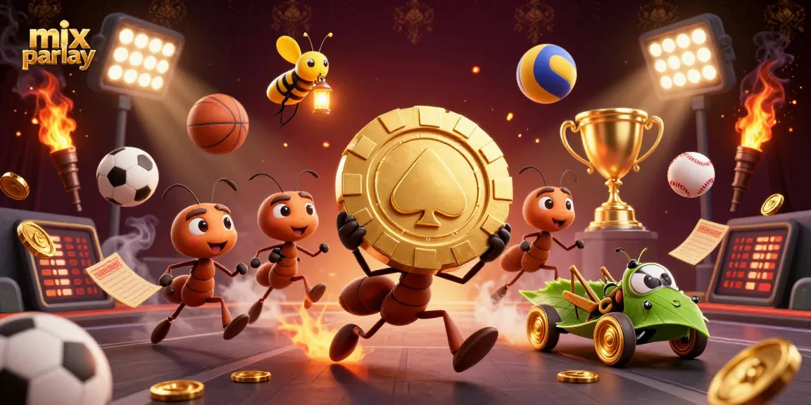 Engage in mix parlay action with a 3D illustration of ants in a heist carrying a golden poker chip.
