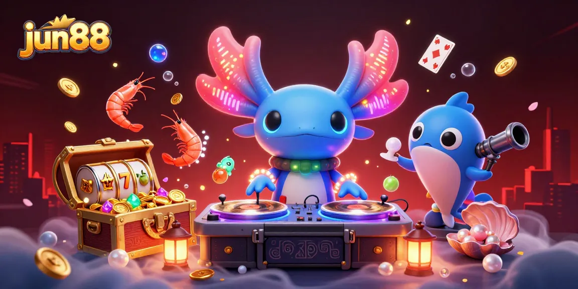 Engaging illustration of jun88 featuring a vibrant axolotl DJ with glowing casino elements.