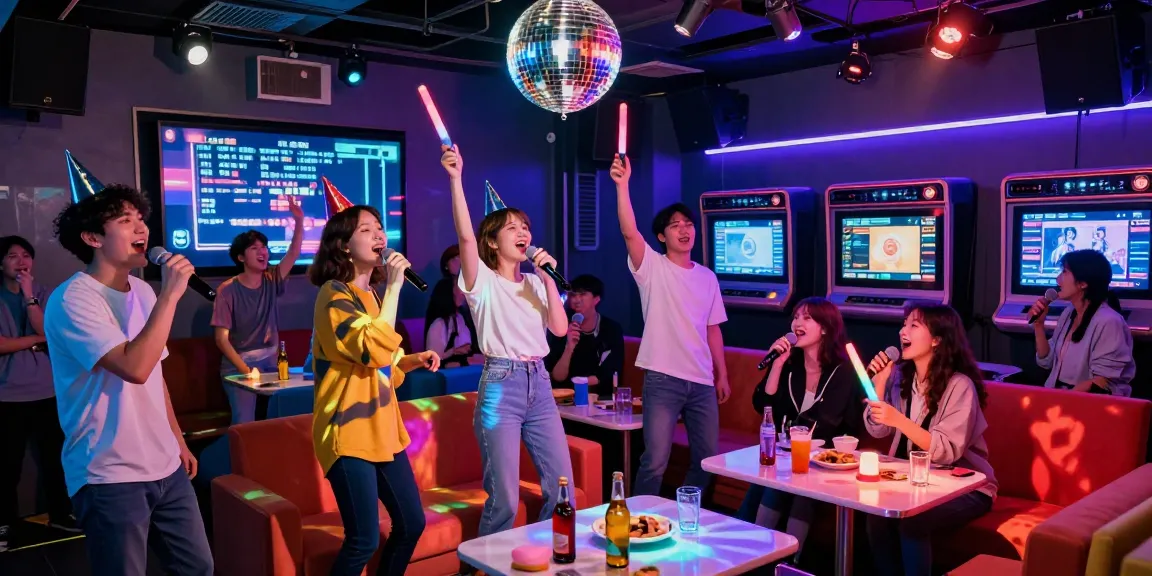 Friends enjoying 강남가라오케 with vibrant lights and singing.