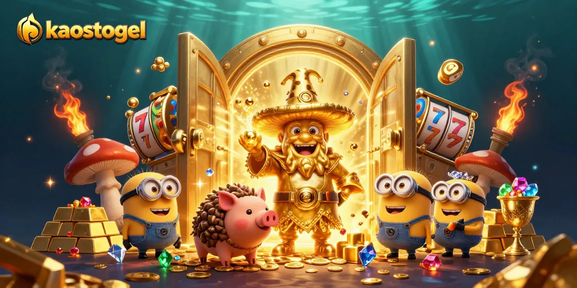 Experience winning at kaostogel with a magical scene featuring a golden wizard and treasure.