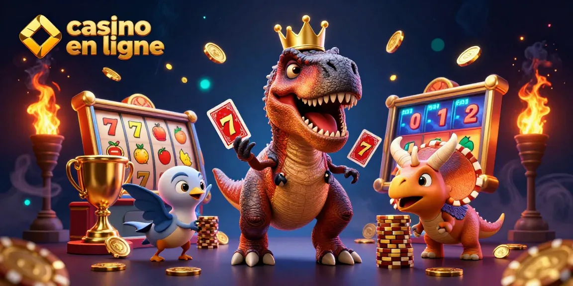 Jouer à des jeux dans un casino en ligne avec un T-Rex amusant et des éléments de casino captivants.