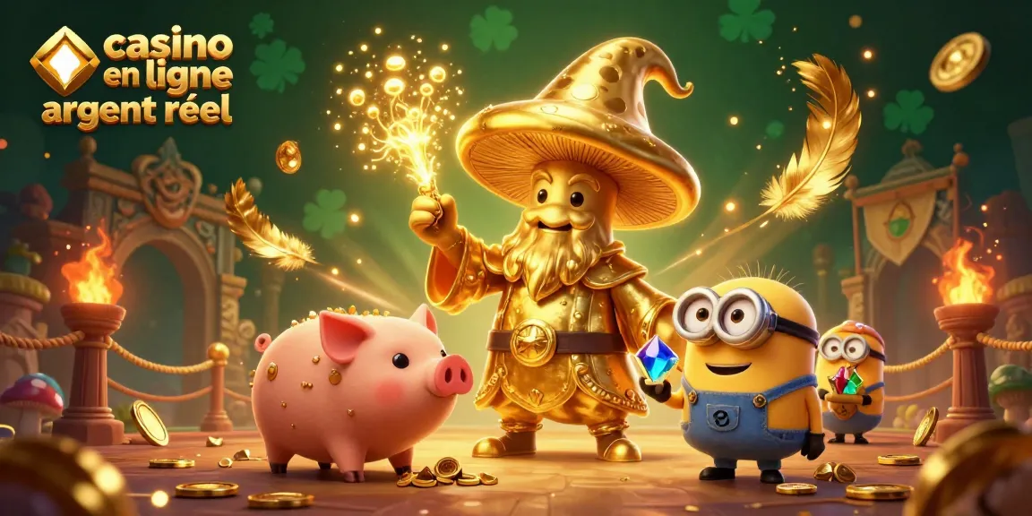 Déposez des jetons d'or avec casino en ligne argent réel et un mage champignon magique dans une scène vibrante.