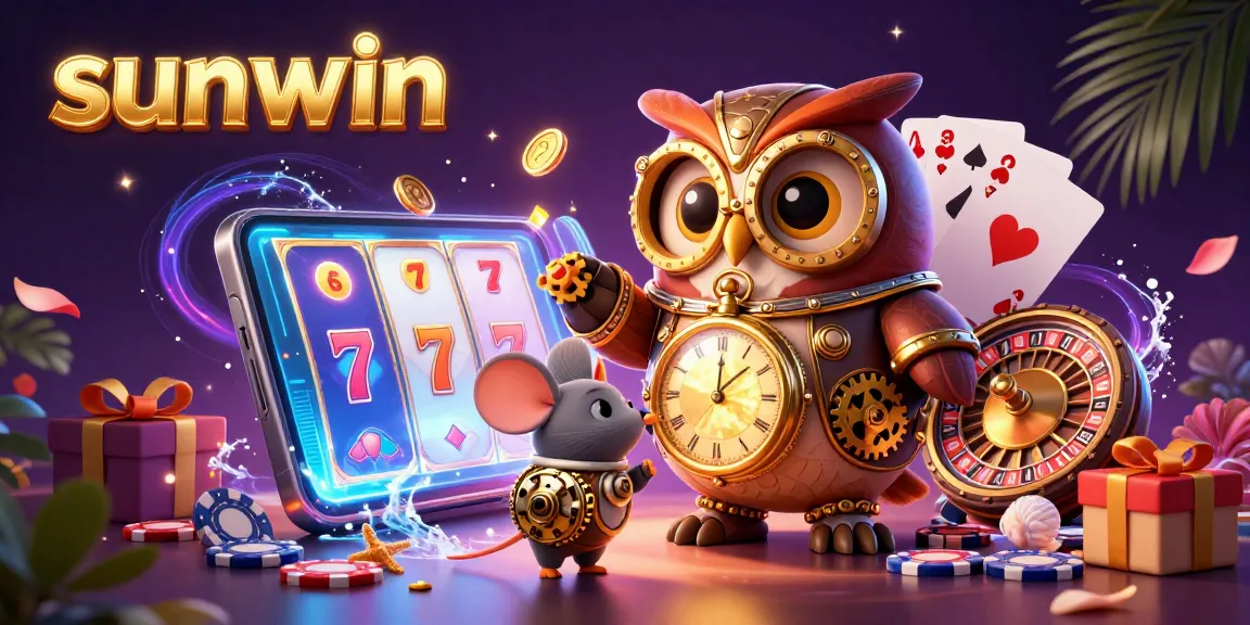 Play thrilling games with sunwin's immersive 3D casino illustration featuring vibrant slot and card action.