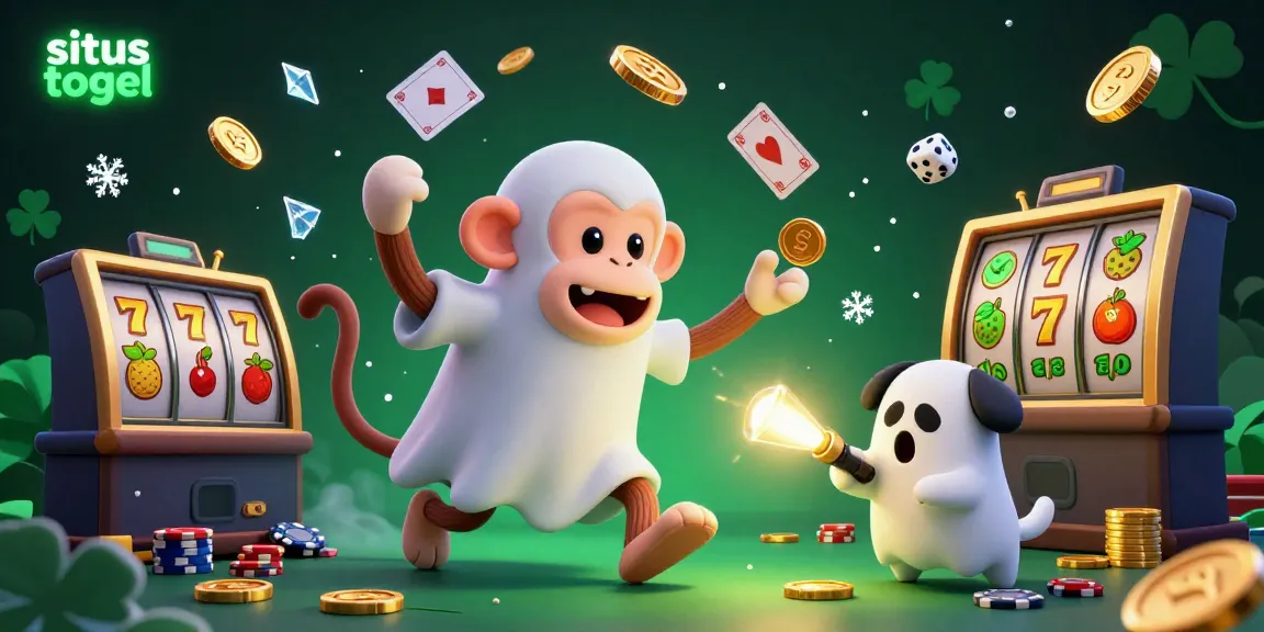 Situs togel scene depicting a playful poltergeist monkey and ghost-hunter puppy exploring a haunted casino.