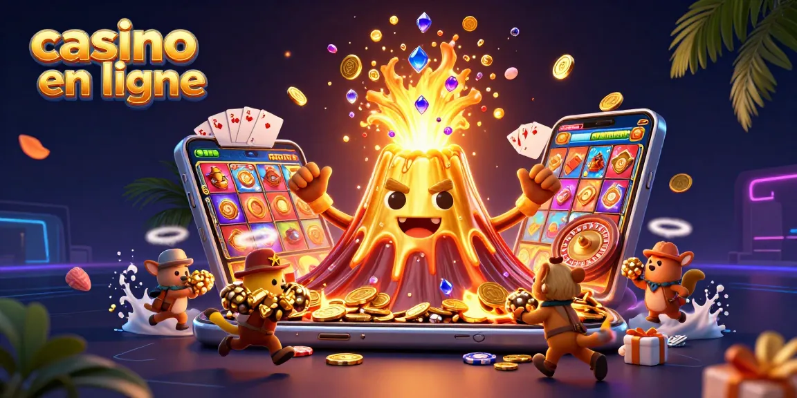 Images de casino en ligne : volcan doré éruptif avec des trésors et un téléphone 3D.