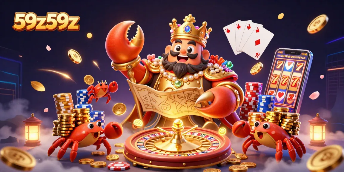 Experience the vibrant casino energy of 59z59z with a golden crab emperor and treasures.