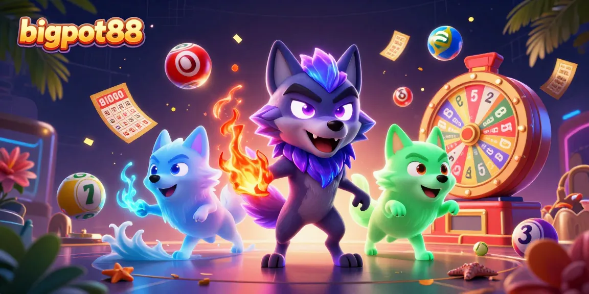 Win big with bigpot88 in an exciting 3D illustration featuring ghostly wolves, colorful lottery elements, and vibrant atmosphere!