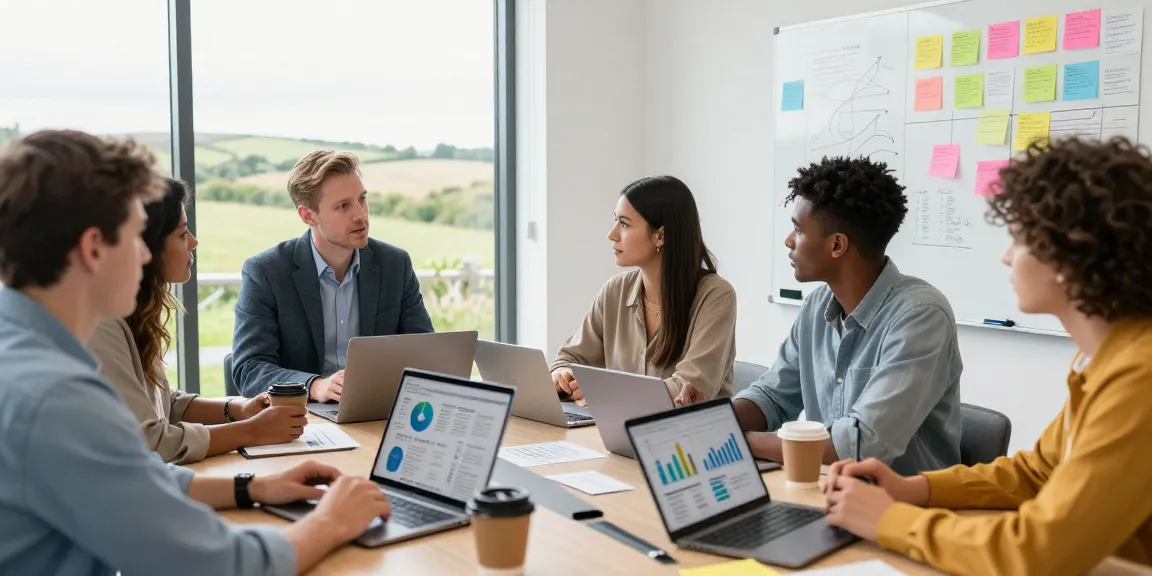 SEO Consultant discussing strategies with a dynamic marketing team in a bright, modern office.