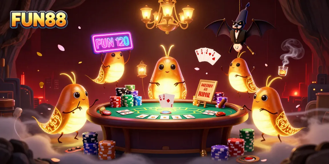 Experience FUN88 with a vibrant casino scene where glowworms illuminate a poker game.