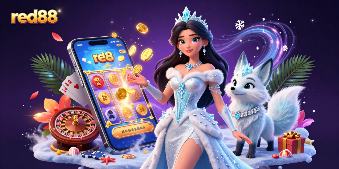 Play exciting slot games at red88 with a vibrant 3D illustration of casino elements and characters.