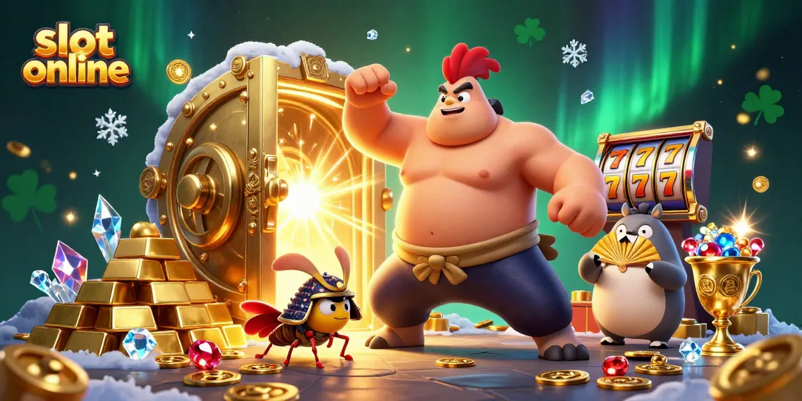 Spin the reels of slot online in this vibrant casino-themed illustration featuring gold treasures.