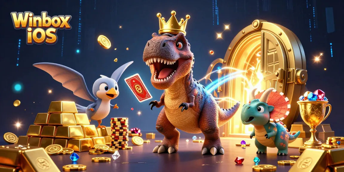 Shuffle and stack in the vibrant Winbox iOS casino scene, featuring lively dinosaurs among golden treasures.