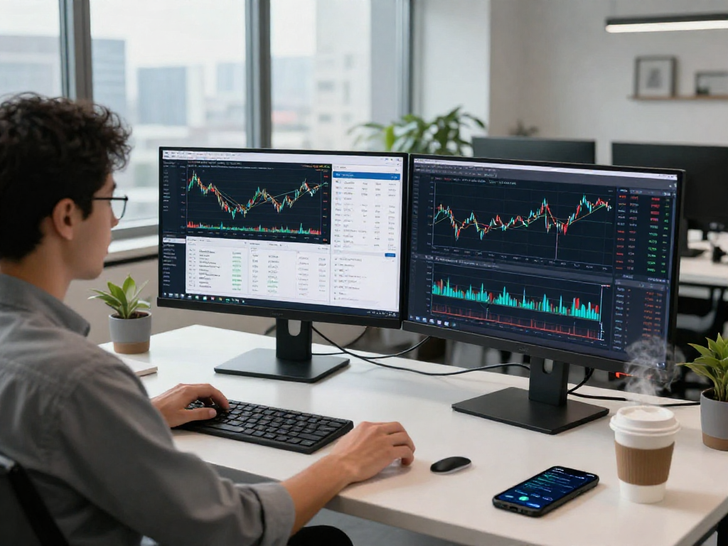 使用TradingView进行市场分析的金融分析师在现代办公环境中专注于股票和加密货币图表。