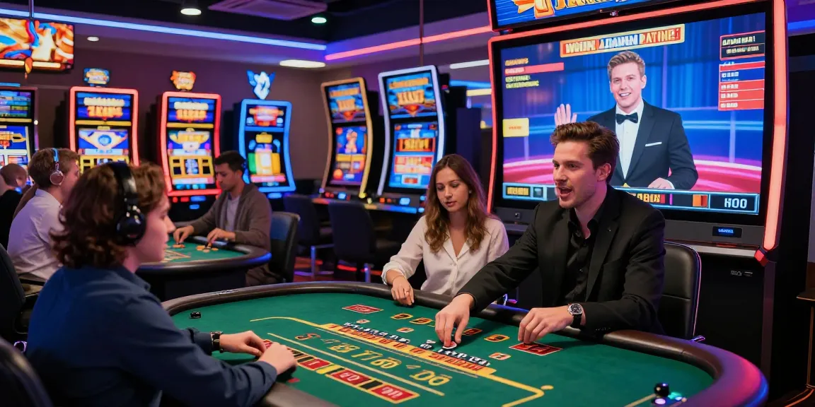 Scène d'un casino en ligne fiable, joueurs engagés aux machines à sous et tables de blackjack, ambiance festive et électrisante.